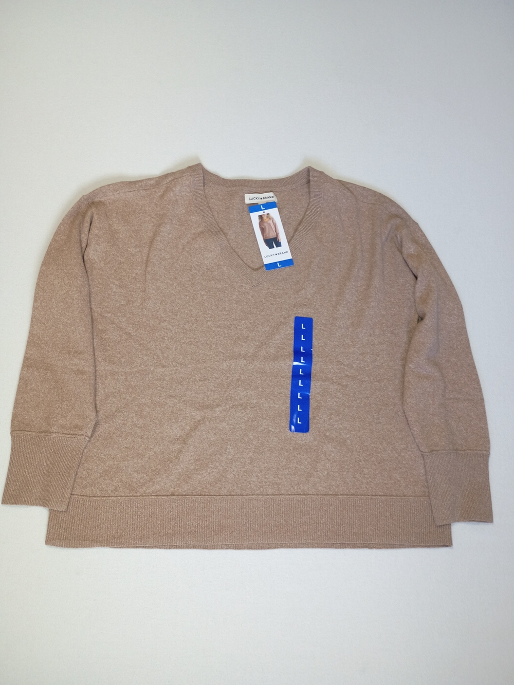 NWT Lucky Brand Cozy Knit V-Neck Pullover Sweater Neutral Tan Brown Size L